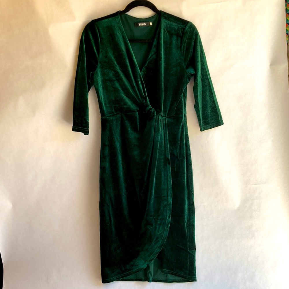 Green Velvet Womens 3/4 Sleeve Fitted Stretch Faux Wrap Holiday Dress Size Large